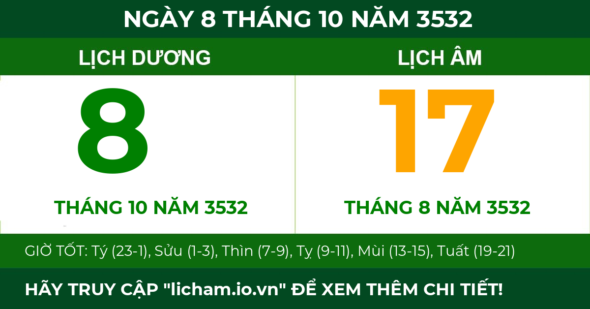 lịch âm ngày 8 tháng 10 năm 3532