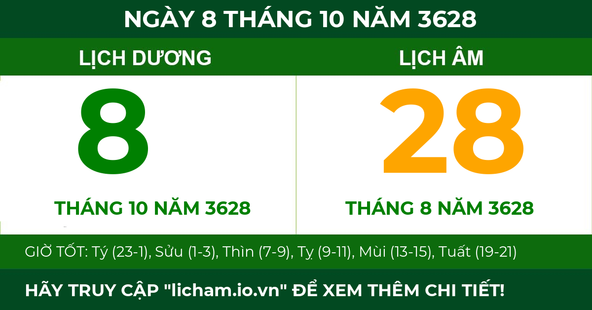 lịch âm ngày 8 tháng 10 năm 3628