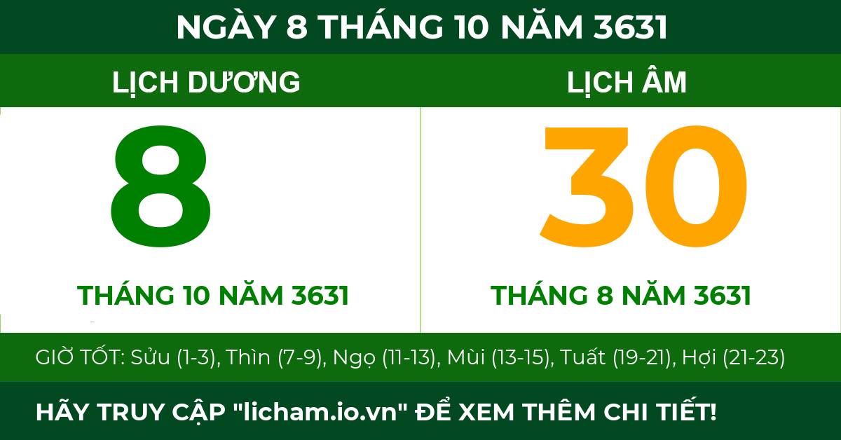 lịch âm ngày 8 tháng 10 năm 3631