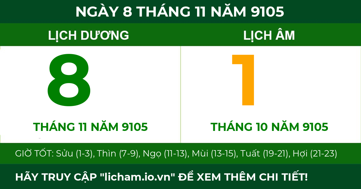 lịch âm ngày 8 tháng 11 năm 9105