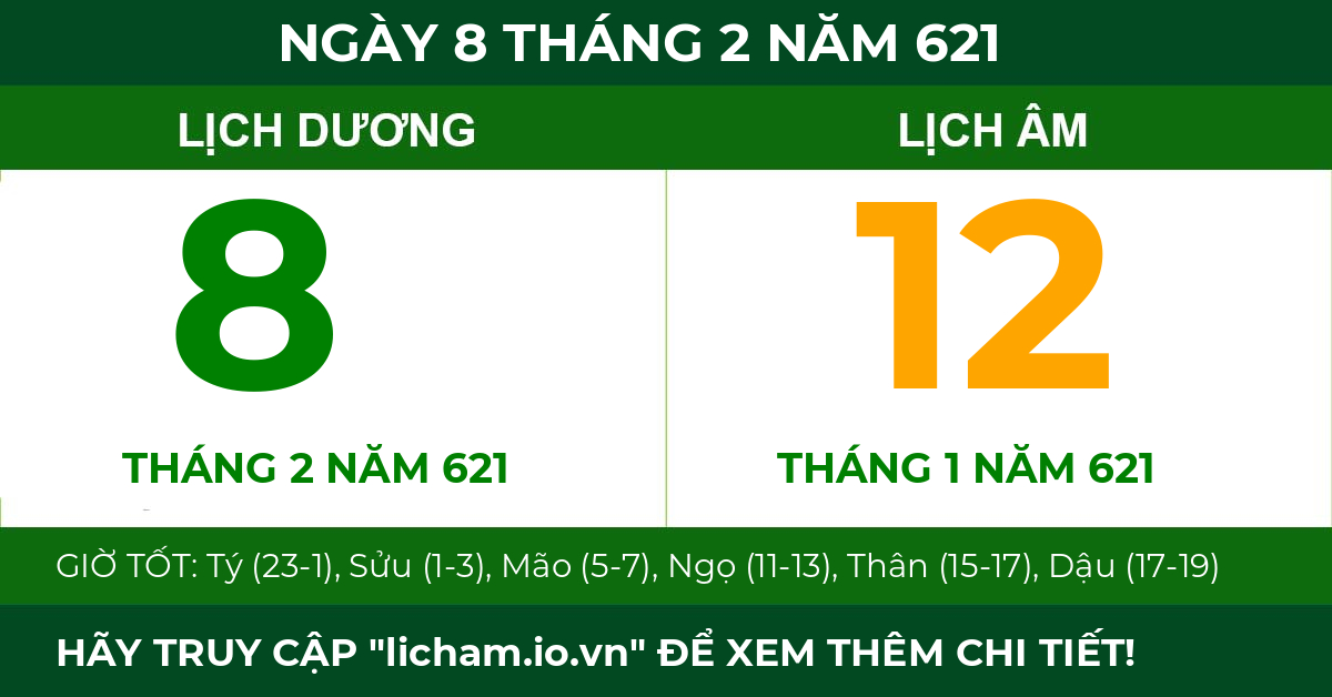 lịch âm ngày 8 tháng 2 năm 621