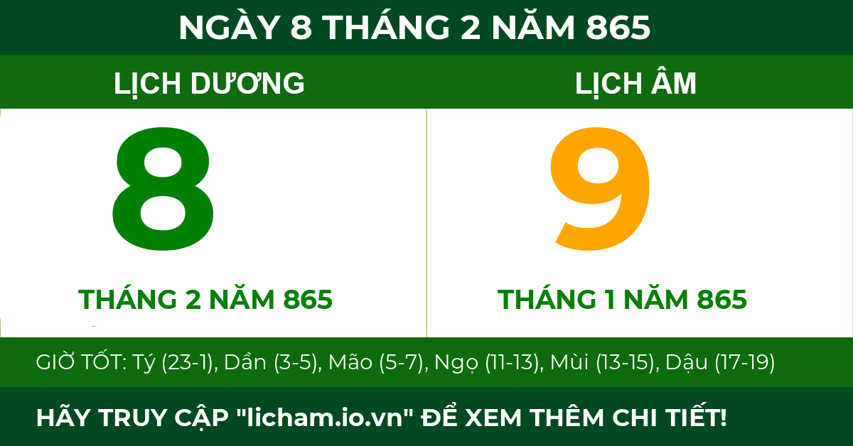 lịch âm ngày 8 tháng 2 năm 865