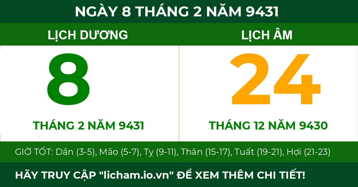 lịch âm ngày 8 tháng 2 năm 9431