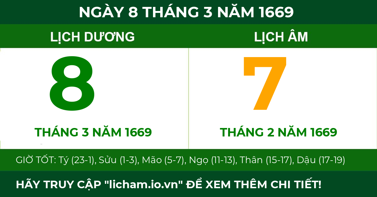 lịch âm ngày 8 tháng 3 năm 1669