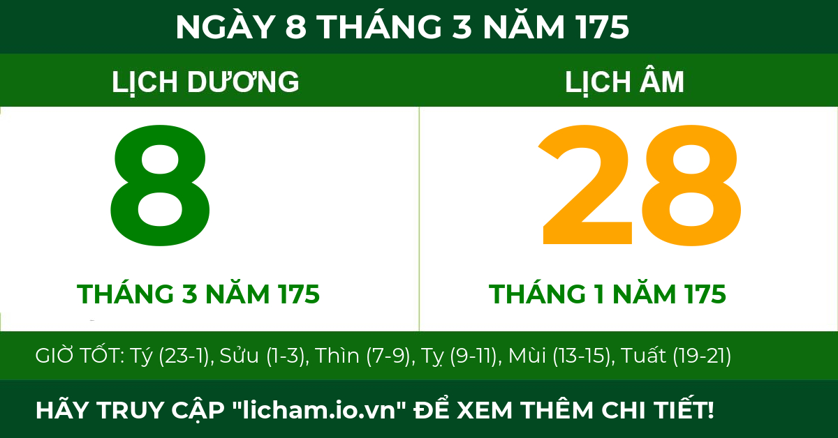 lịch âm ngày 8 tháng 3 năm 175
