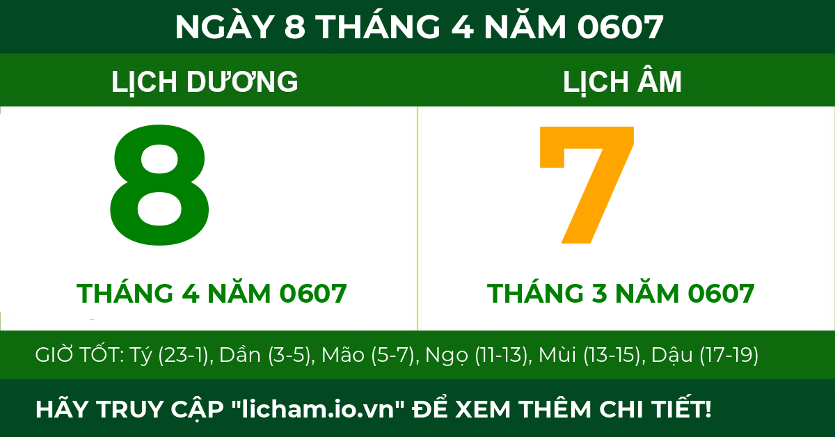 lịch âm ngày 8 tháng 4 năm 0607