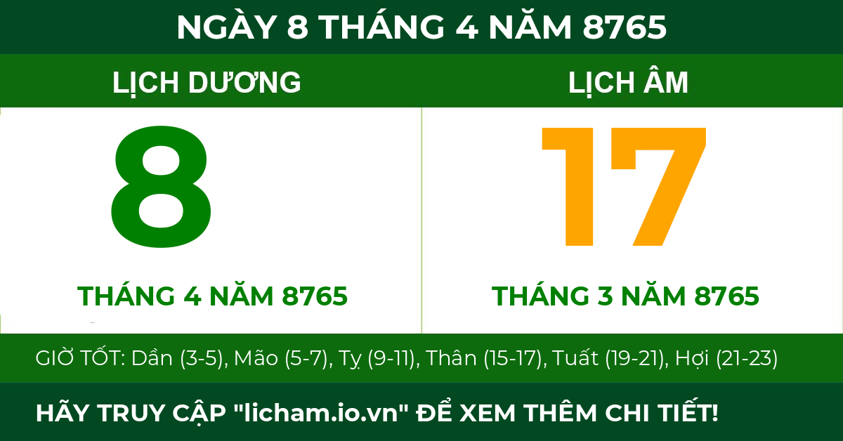 lịch âm ngày 8 tháng 4 năm 8765
