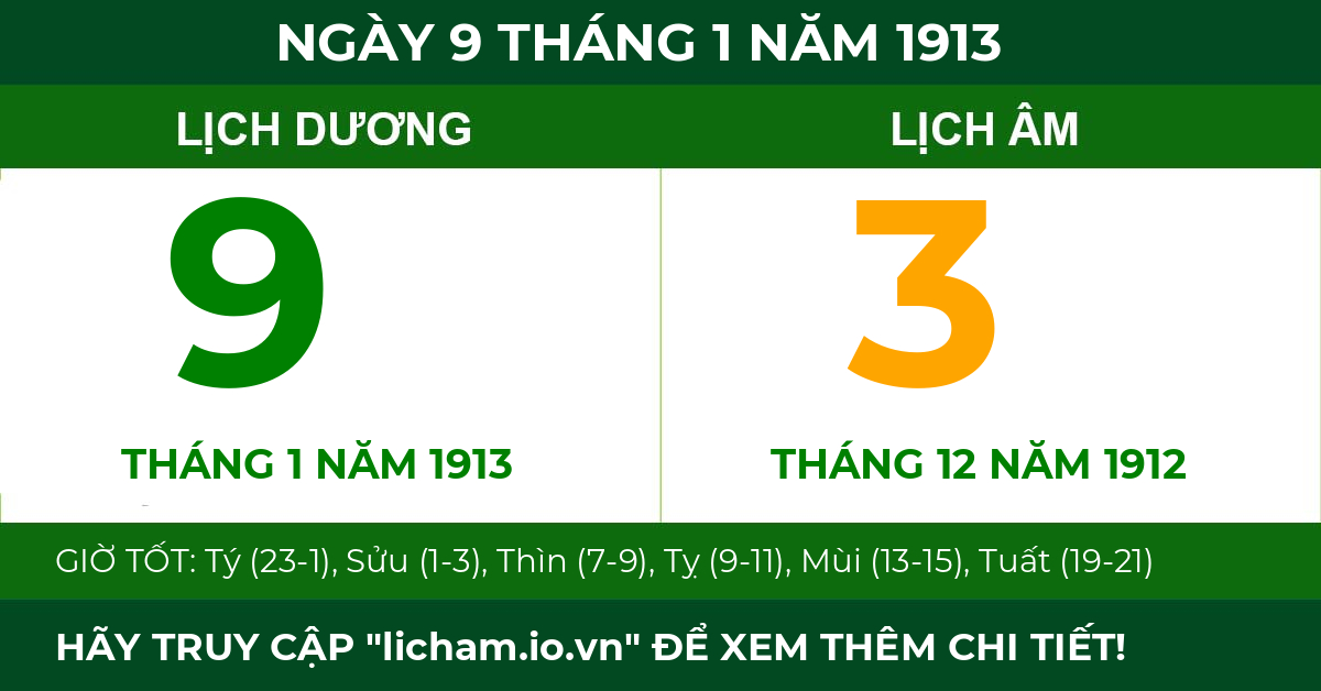 lịch âm ngày 9 tháng 1 năm 1913