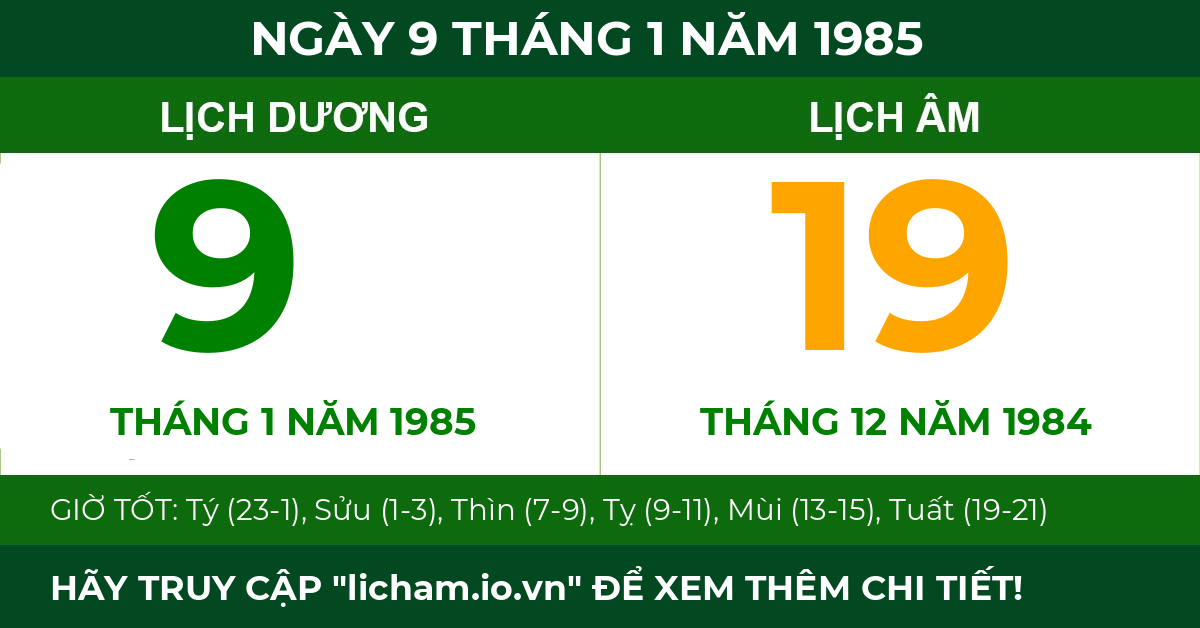 lịch âm ngày 9 tháng 1 năm 1985