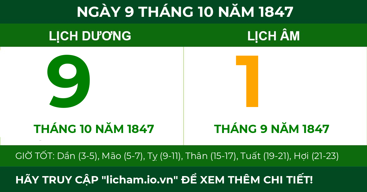 lịch âm ngày 9 tháng 10 năm 1847