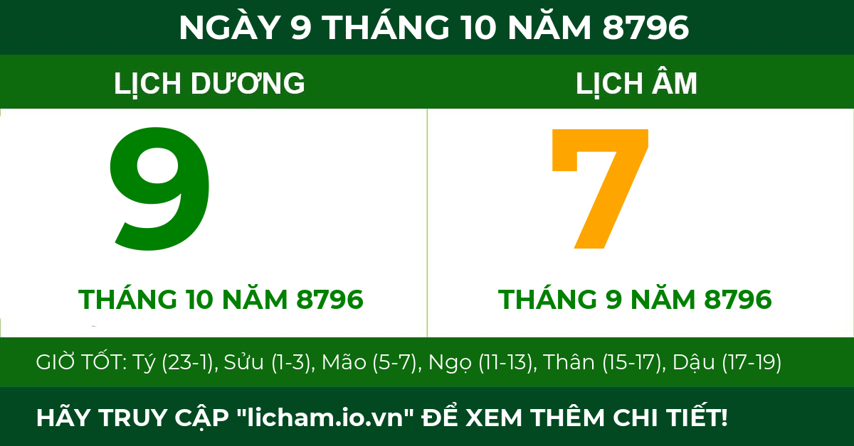lịch âm ngày 9 tháng 10 năm 8796