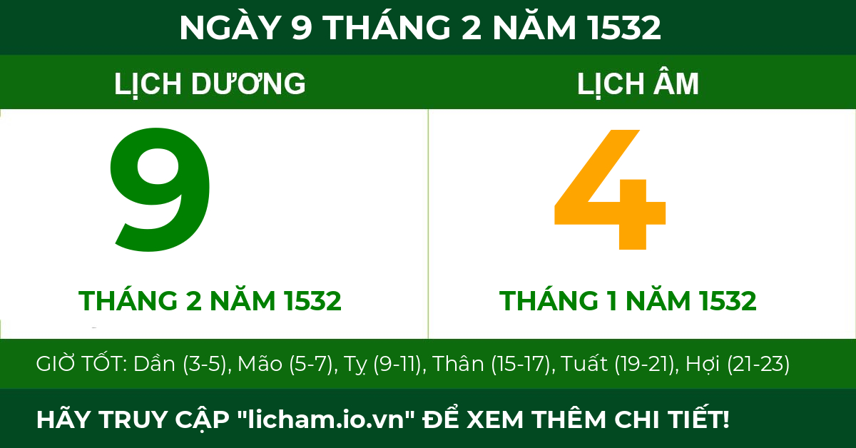 lịch âm ngày 9 tháng 2 năm 1532