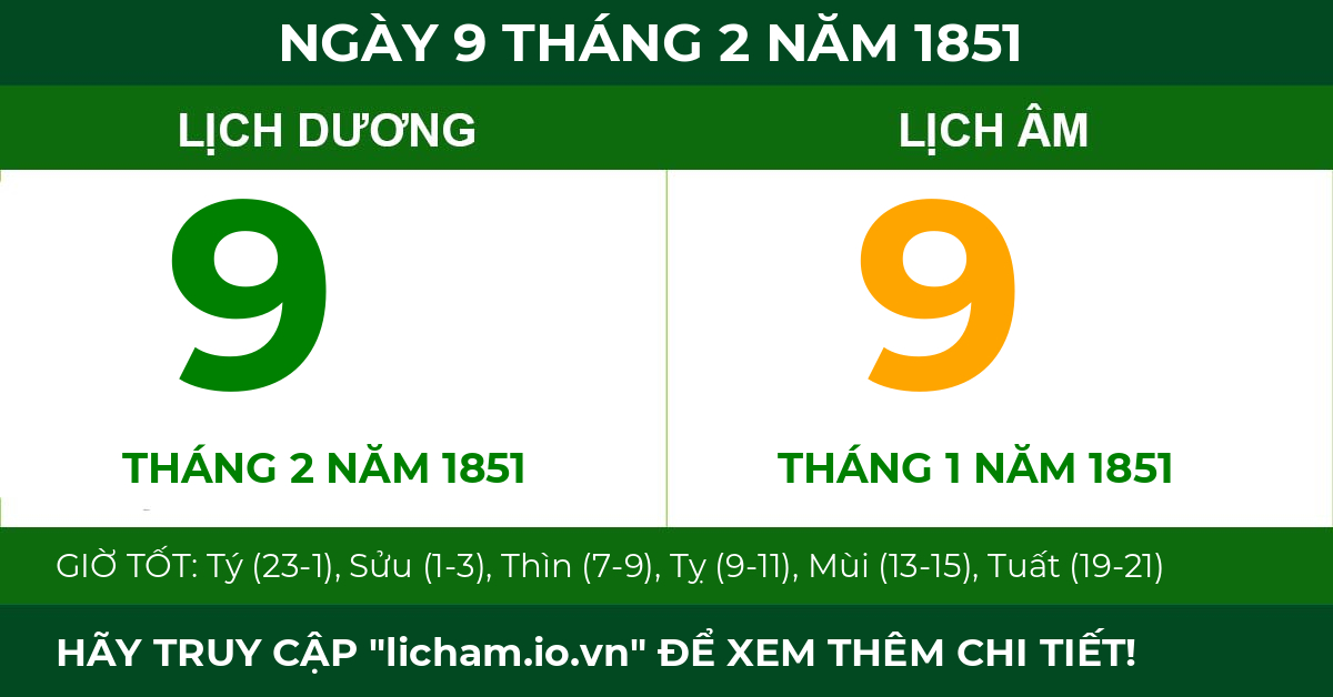lịch âm ngày 9 tháng 2 năm 1851