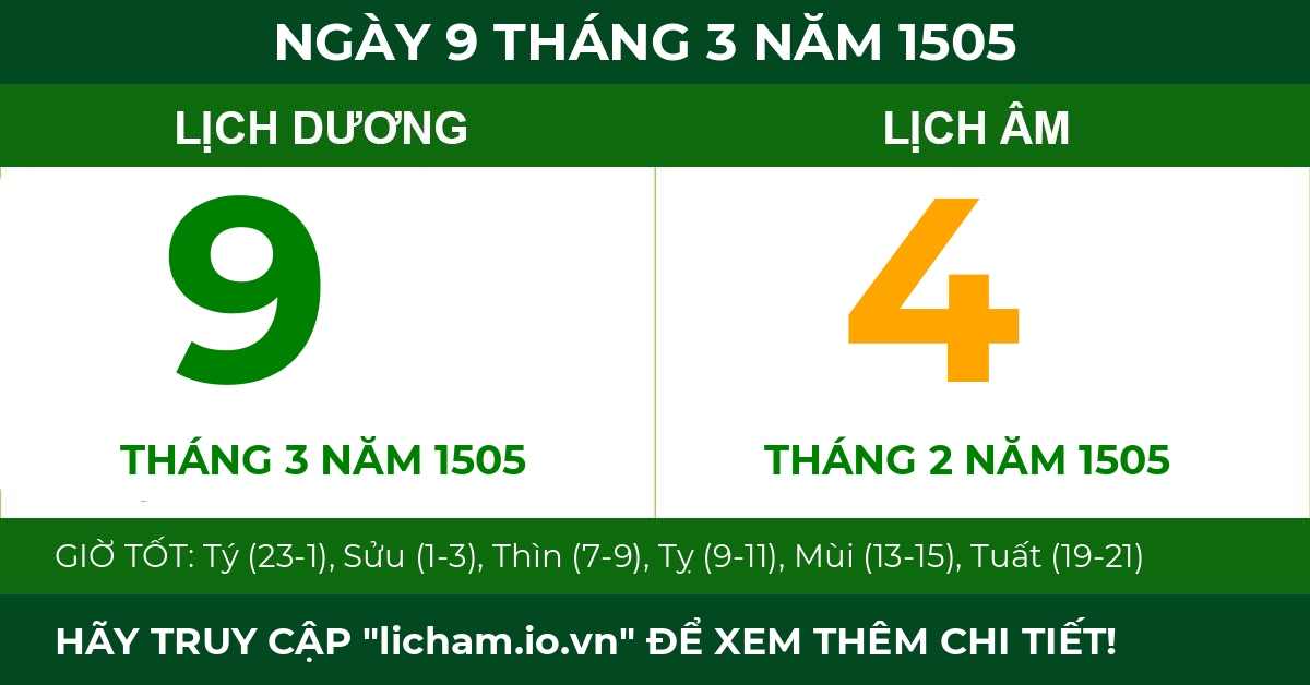 lịch âm ngày 9 tháng 3 năm 1505