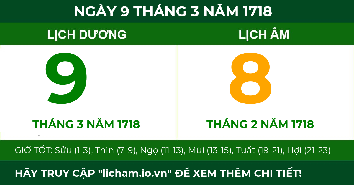 lịch âm ngày 9 tháng 3 năm 1718