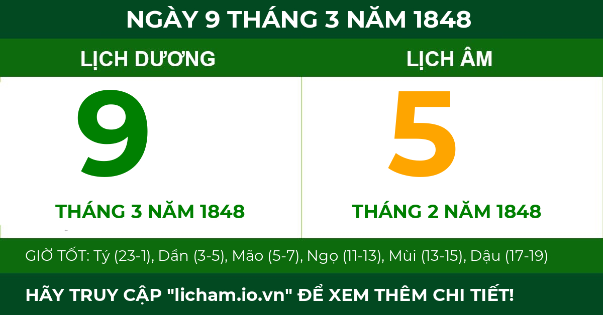 lịch âm ngày 9 tháng 3 năm 1848