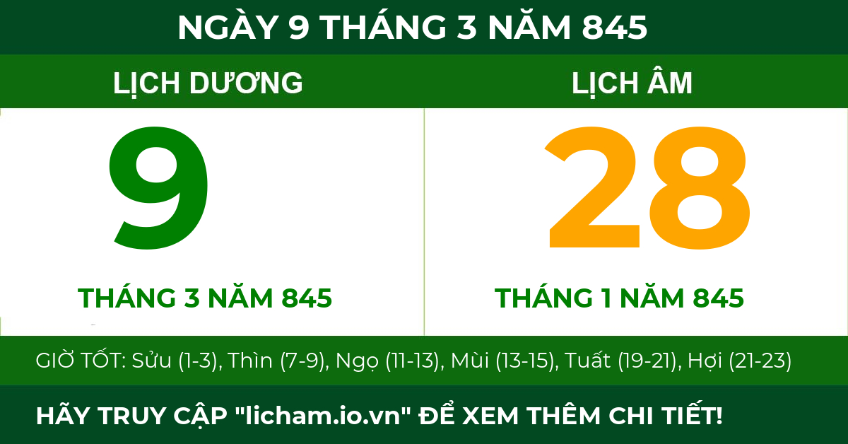 lịch âm ngày 9 tháng 3 năm 845