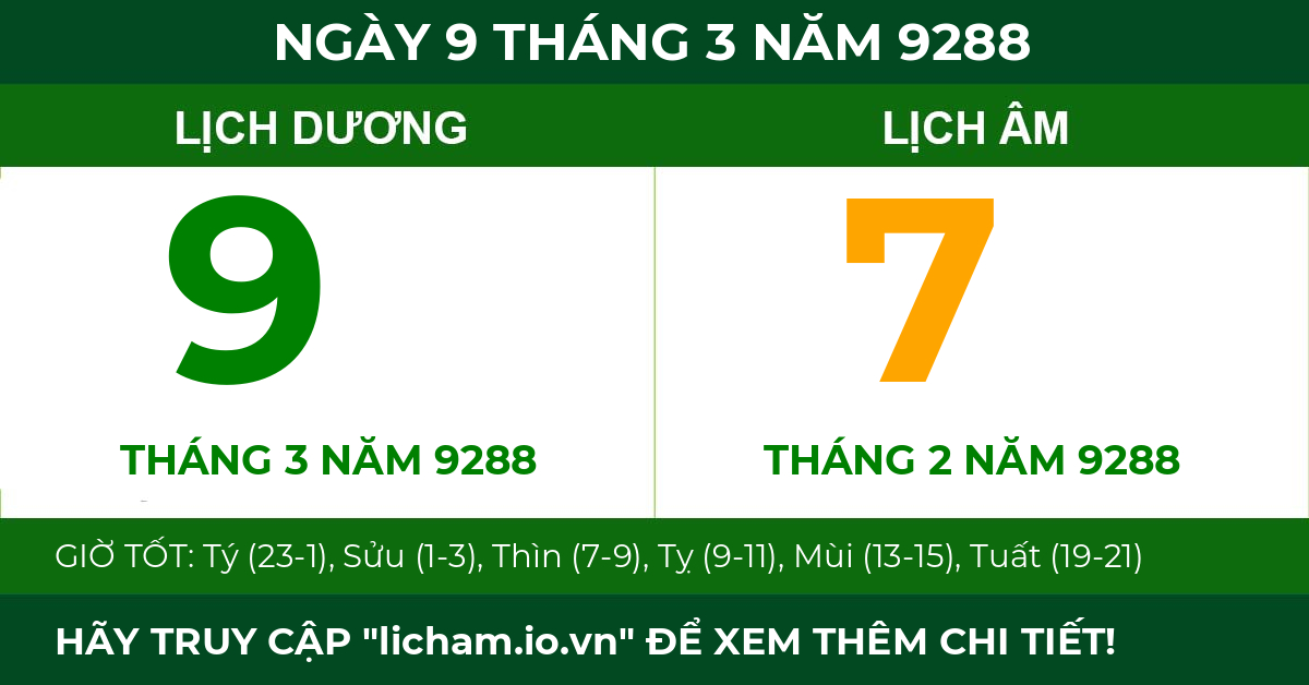 lịch âm ngày 9 tháng 3 năm 9288