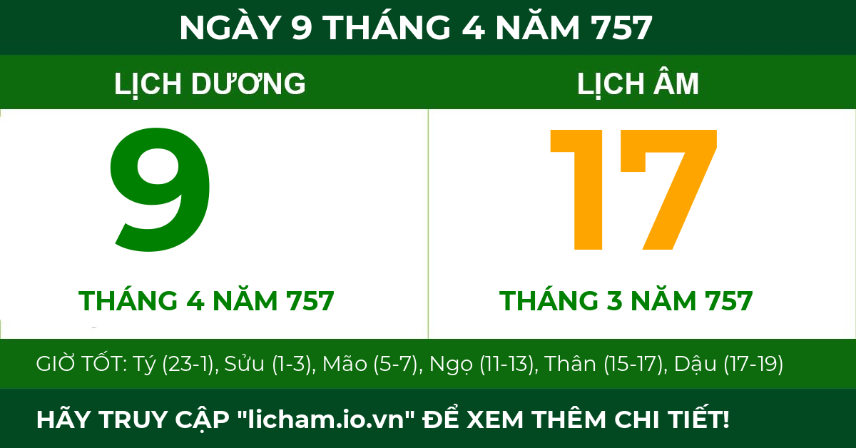 lịch âm ngày 9 tháng 4 năm 757