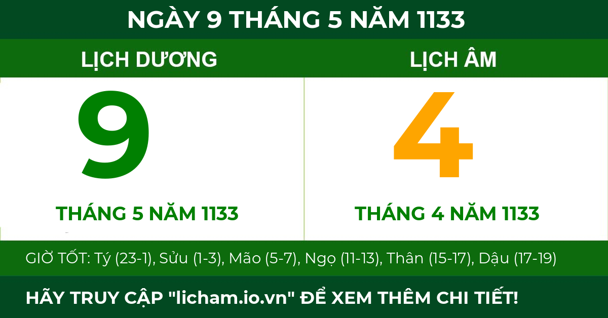lịch âm ngày 9 tháng 5 năm 1133
