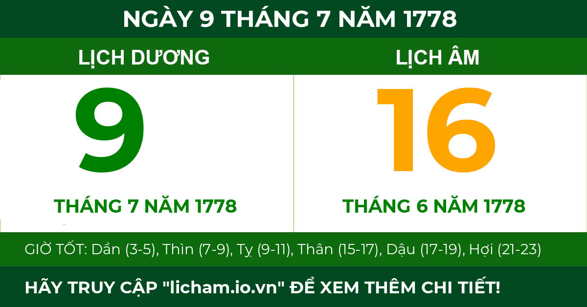lịch âm ngày 9 tháng 7 năm 1778